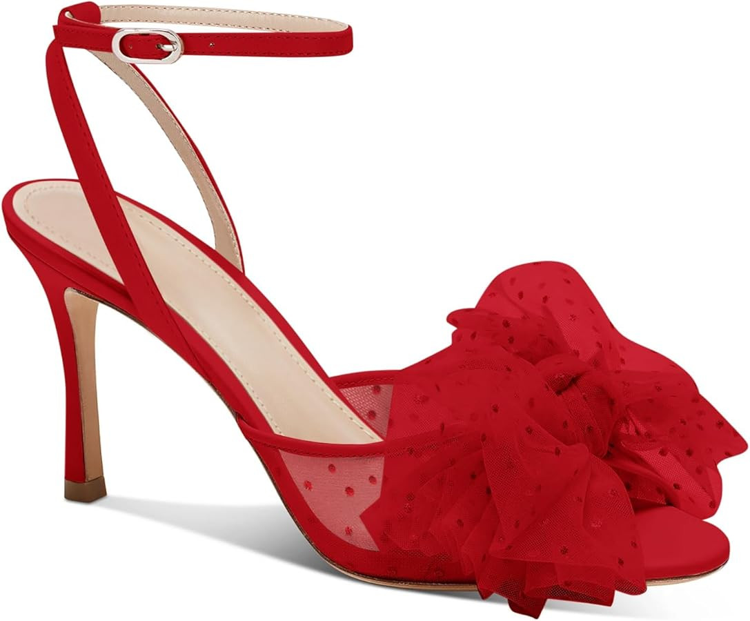 Coutgo Womens Bow Tie Heels Sandals Slingback Peep Toe Wedding Heels Mesh High Stiletto Heel Summ... | Amazon (US)