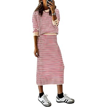 PRETTYGARDEN 2 Piece Skirts Sets for Women Fall Fashion 2026 Striped Sweater Dress Knit Lounge Tr... | Amazon (US)
