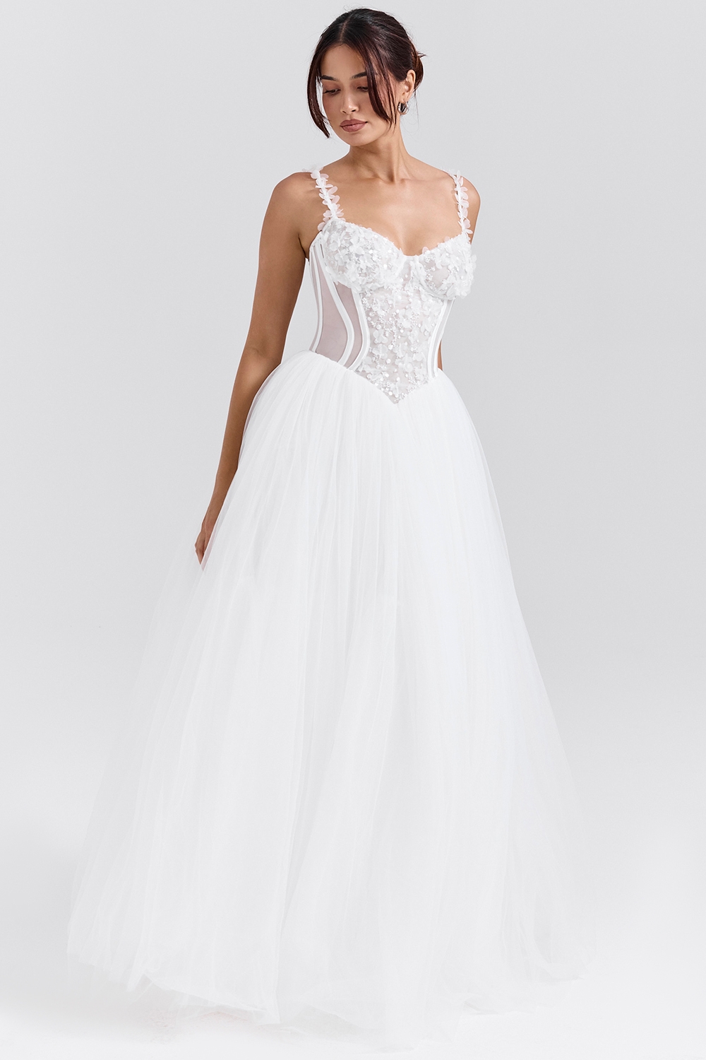 white floral lace tulle bridal gown | House of CB
