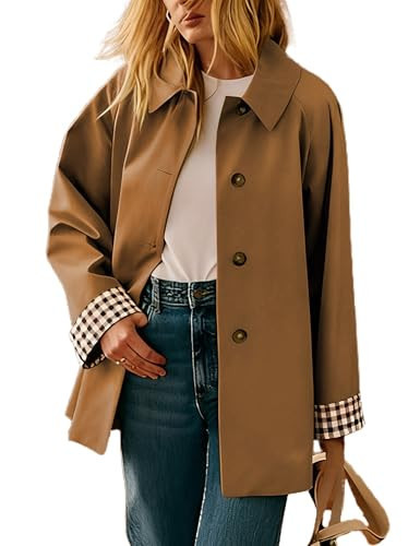Dqbeng Womens Trench Coat Mid Length Long Sleeve Classic Collar Button Down Jackets Fall Fashion Outerwear with Pockets (Camel-XS) | Amazon (US)