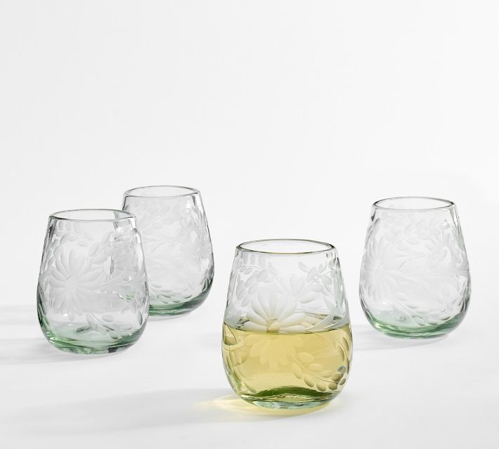 Etched Floral Recycled Stemless Wine Glasses | Pottery Barn (US)