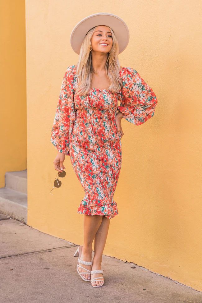 Sweet Forgiveness Red Floral Smocked Midi Dress | The Pink Lily Boutique