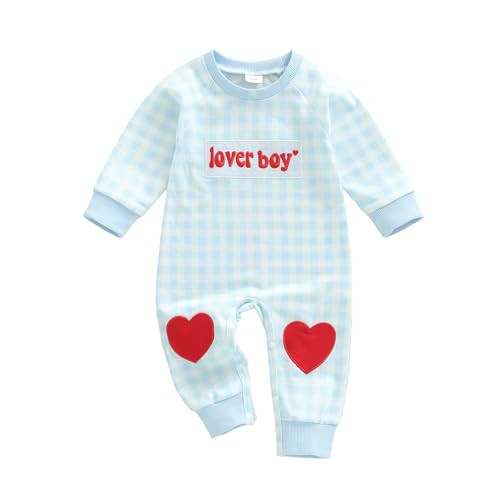 Mieeyali Baby Boy Valentines Day Outfit Lover Boy Baby Outfit Heart Romper Gingham Long Sleeve Jumpsuit Newborn Clothes (Blue Lover Boy, 6-12 Months) | Amazon (US)