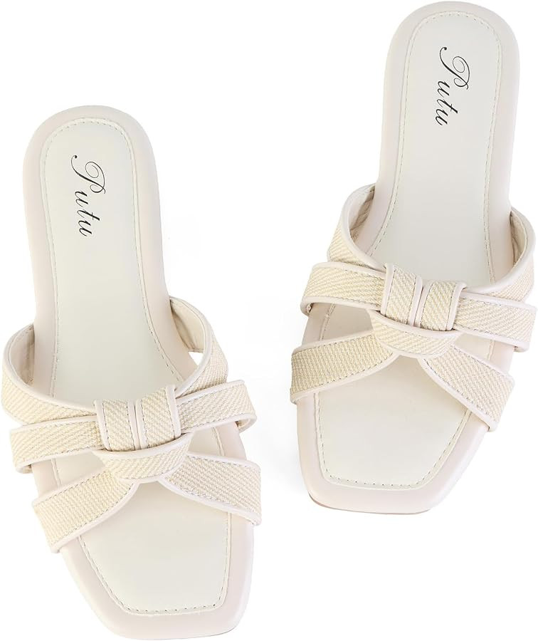 Putu Women's Flat Sandals Square Toe Slide Sandals Braided Sandals for Vacation | Amazon (US)