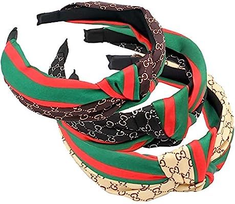 Domoki Designer Red Green Stripe Headbands - 3 Pack Fashion Bow Knot CC Letter Print Hair Hoops f... | Amazon (US)