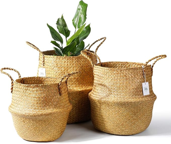 POTEY 730102 Seagrass Plant Basket Set of 3 - Hand Woven Belly Basket with Handles, Large Storage... | Amazon (US)