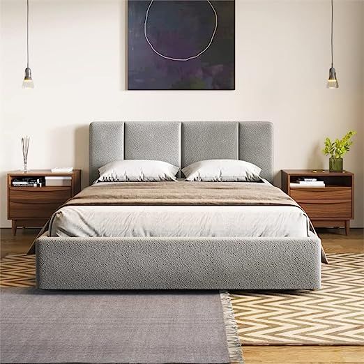Omax Decor Venice Upholstered Platform Bed | Box Spring Not Required | (Grey Boucle, Queen Bed Fr... | Amazon (US)