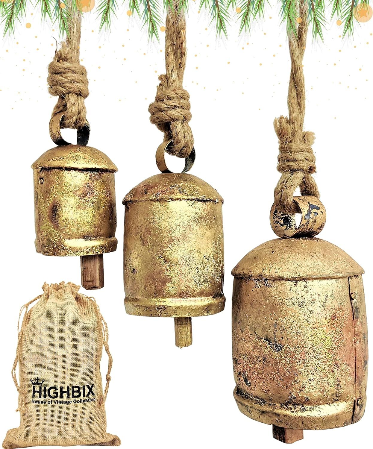 HIGHBIX Set of 3 Harmony Cow Bells Vintage Handmade Rustic Lucky Christmas Hanging Bells On Rope | Amazon (US)