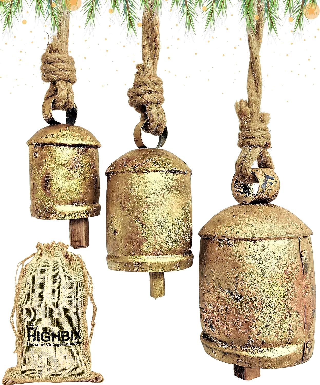 HIGHBIX Set of 3 Harmony Cow Bells Vintage Handmade Rustic Lucky Christmas Hanging Bells On Rope | Amazon (US)