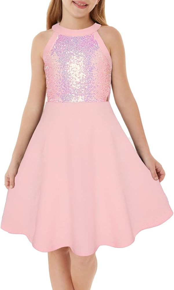 GRACE KARIN Girls Sequin Party Dress Holiday Birthday Dance Formal Halter Cutout Waist Trendy Pro... | Amazon (US)