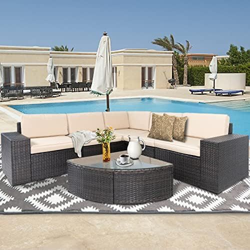 SUNCROWN 6-Piece Outdoor Wedge Sectional Patio Sofa Furniture Set All-Weather Brown Wicker Conversat | Amazon (US)