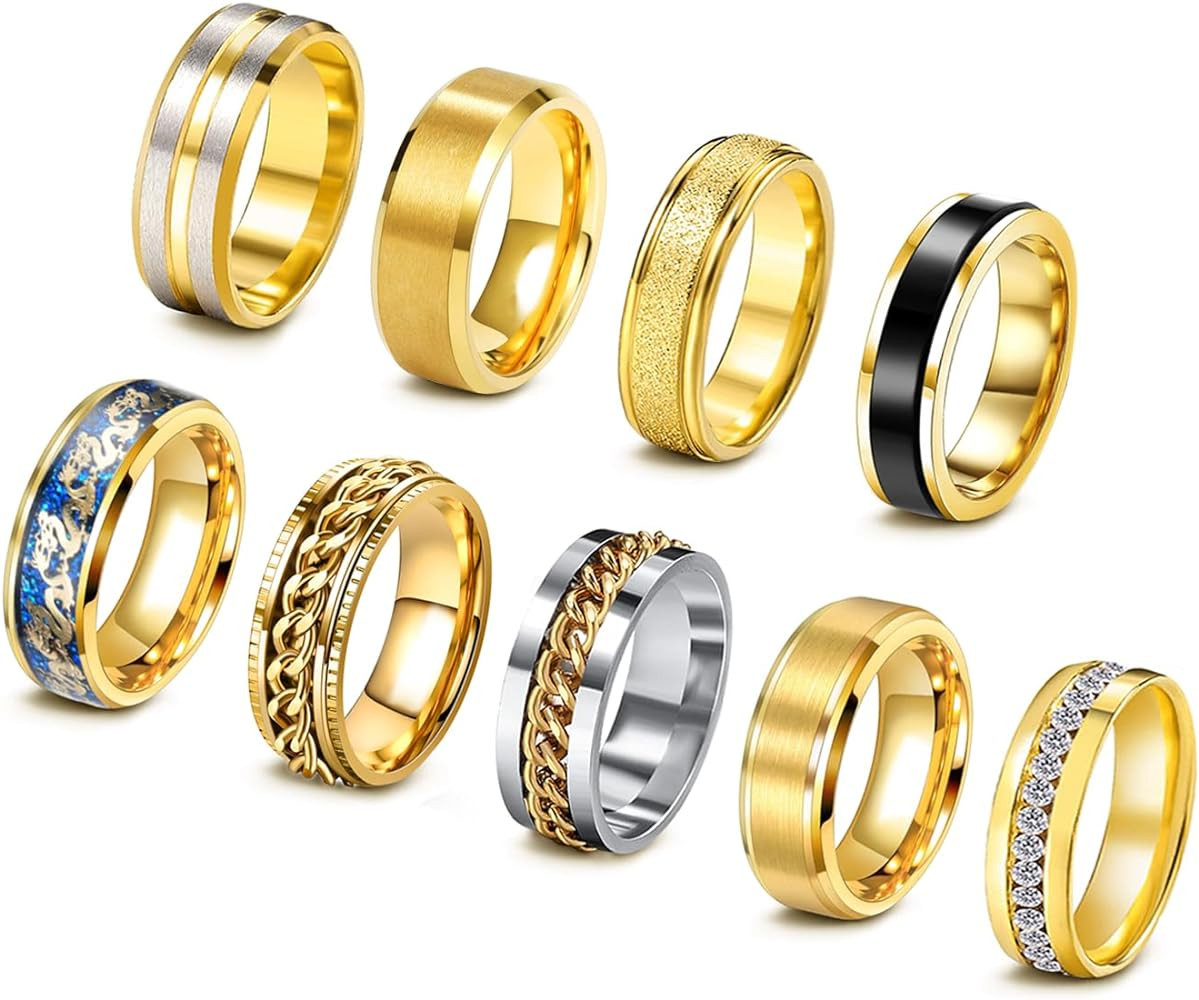 EIELO 9Pcs Stainless Steel Band Rings for Men Women Cool Fidget Spinning Chain Ring Anxiety Relie... | Amazon (US)