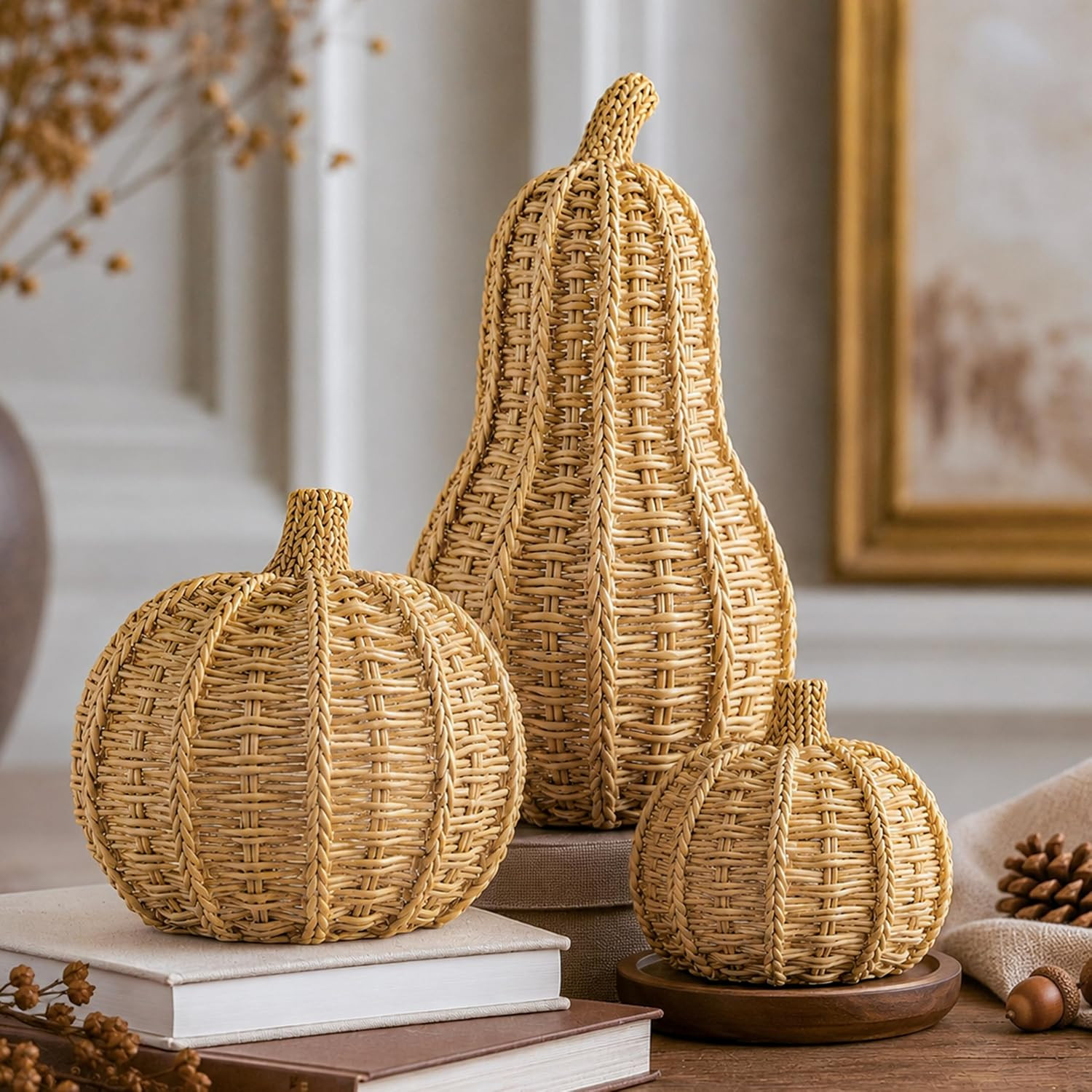 Gleemoria Pumpkin Decor 3PCS Fall Decorations for Home, Simulated Wooden Carving Resin Pumpkin Suitable for Decorating Desktop in Autumn, Thanksgiving, Halloween | Amazon (US)