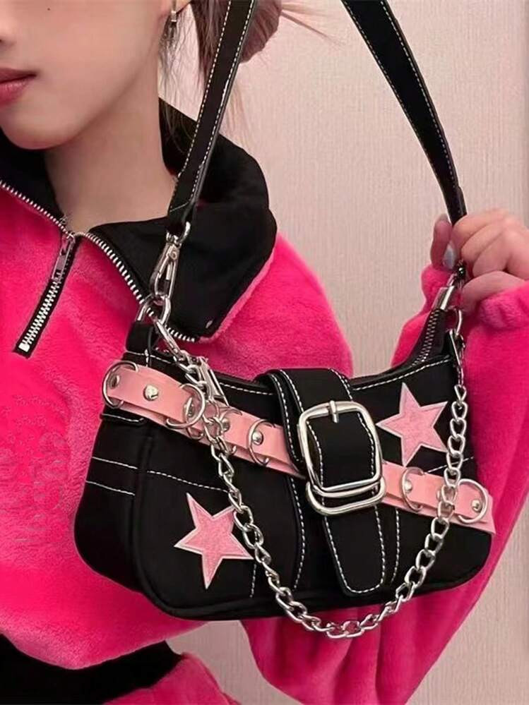 Y2K Aesthetic Retro Motorcycle Style Star Shoulder Bag, Can Be Clutched, Perfect For Women To Attend Parties And Music Festivals Star Print Women Bag, Stars Hollow Women Bag | SHEIN