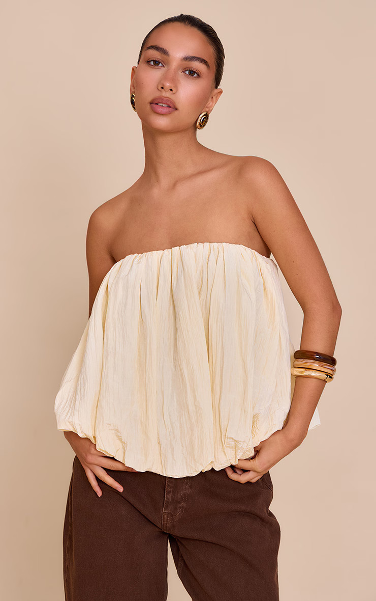 Cream Matte Satin Plisse Puffball Bandeau | PrettyLittleThing UK