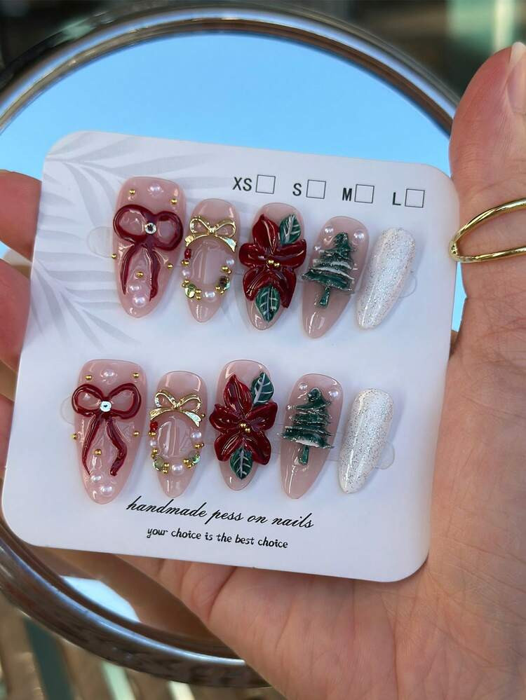 10pcs Christmas Nail Stickers With Red 3D Floral Decor, Green 3D Christmas Tree, Glitter And Bow Accent, Cute Almond Shaped Press-On Nails, Full Coverage Long Lasting Nail Wraps, Ideal Gift For Women And Girls, Includes Manicure Tools
4.97
(42)
 | SHEIN