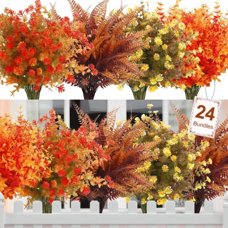 Scidweet Artificial Fall Flowers Outdoors, 24 Bundles Autumn Fake Plants Faux Plastic Flowers Fal... | Walmart (US)