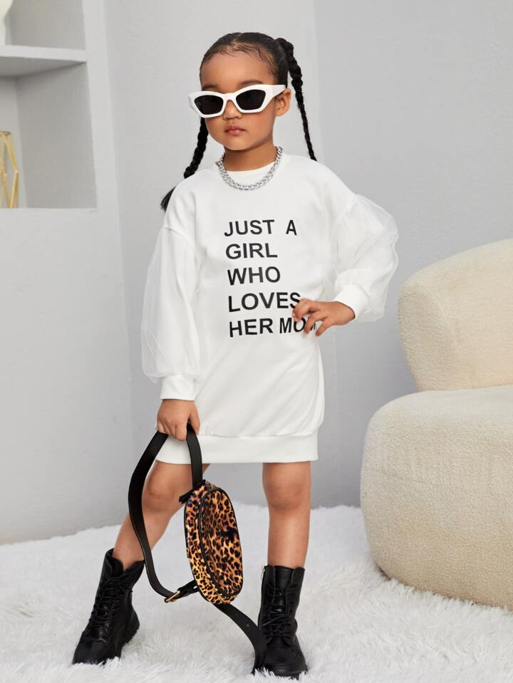SHEIN Kids EVRYDAY Toddler Girls Slogan Graphic Contrast Mesh Bishop Sleeve Sweatshirt Dress | SHEIN