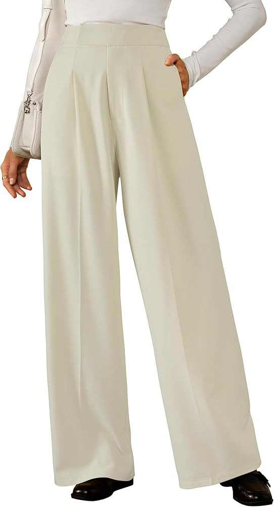 Arach&Cloz Women's Wrinkle-Free Pleated Business Wide Leg Pants Fall 2025 | Amazon (US)