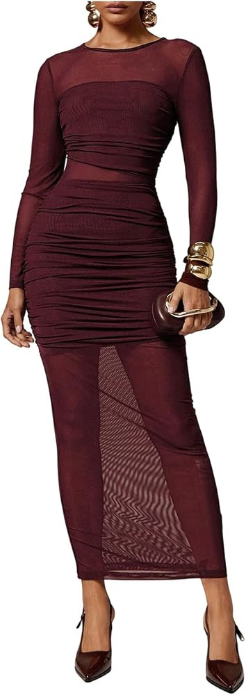 Milumia Women's Sheer Mesh Long Sleeve Maxi Dress Bodycon Party Dresses | Amazon (US)