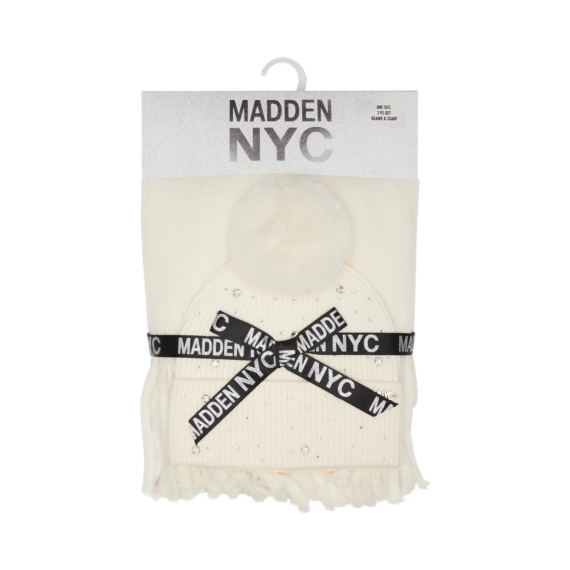 Madden NYC Women's Supersoft Scarf with Rhinestone Beanie Gift Set Ivory | Walmart (US)