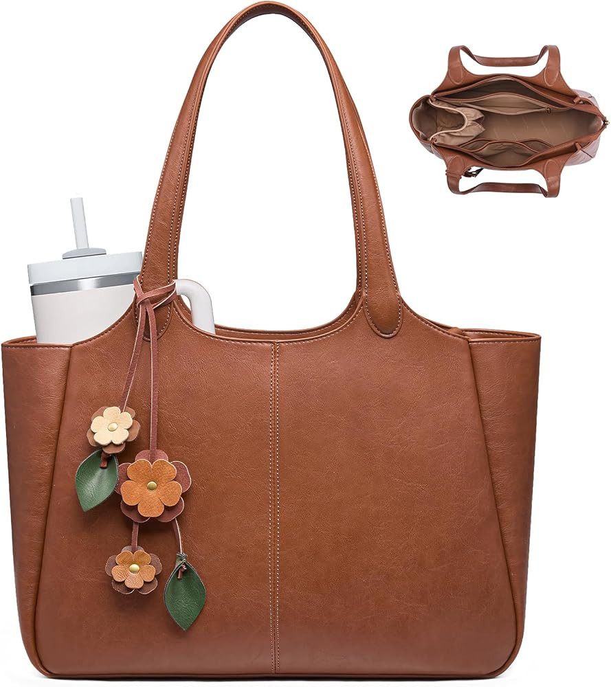 LOVEVOOK Tote Bag for Women, Leather Vintage Work Bag with 40oz Cup Holder, Nurse Teacher Shoulde... | Amazon (US)