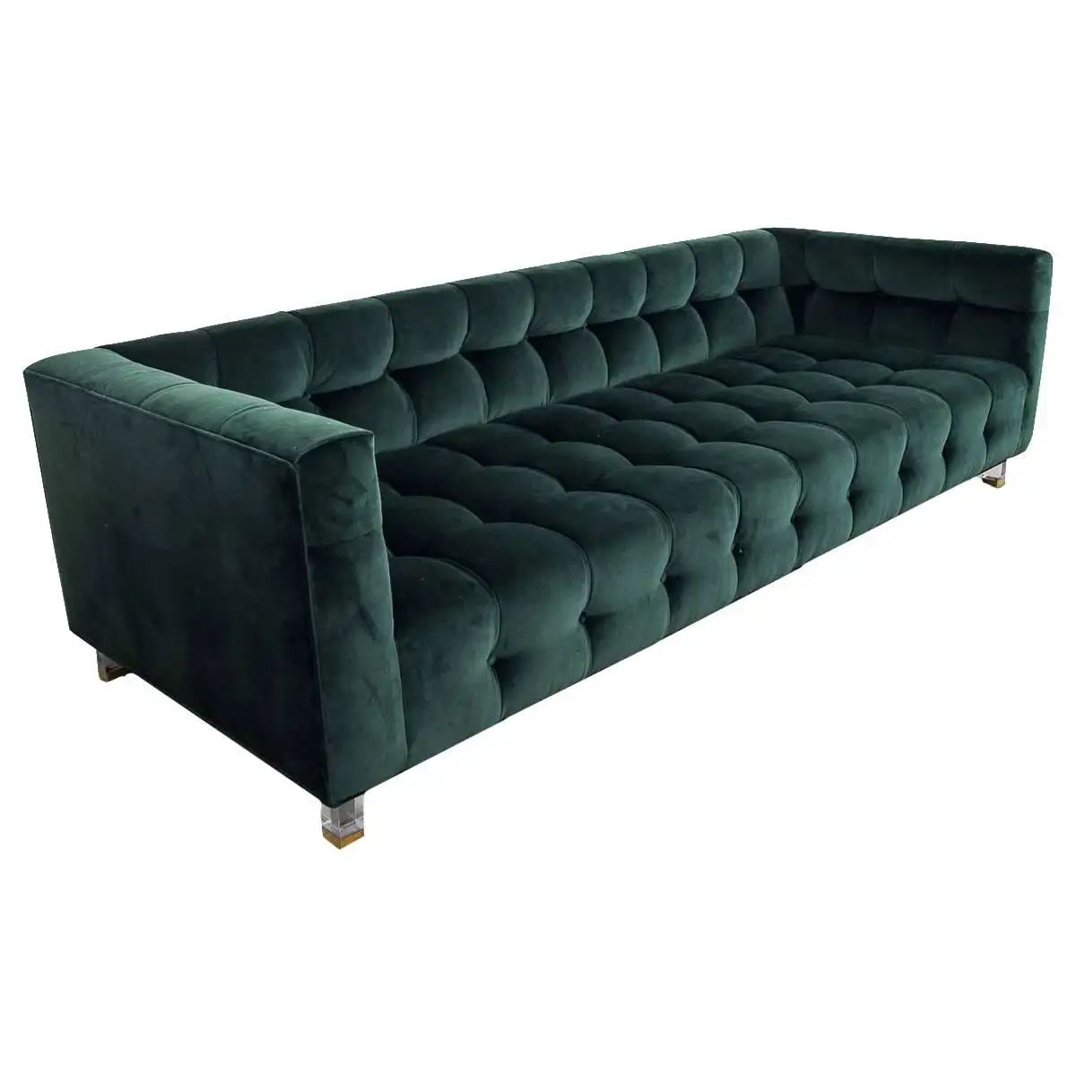 Modern Style Delano Sofa in Hunter Green Velvet w/ Lucite and Brass Block Legs For Sale at 1stDib... | 1stDibs