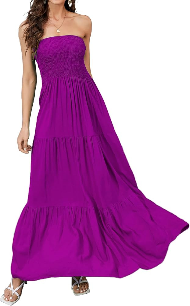 Women Strapless A Line Maxi Dress Tube Top Backless Casual Summer Dress | Amazon (US)