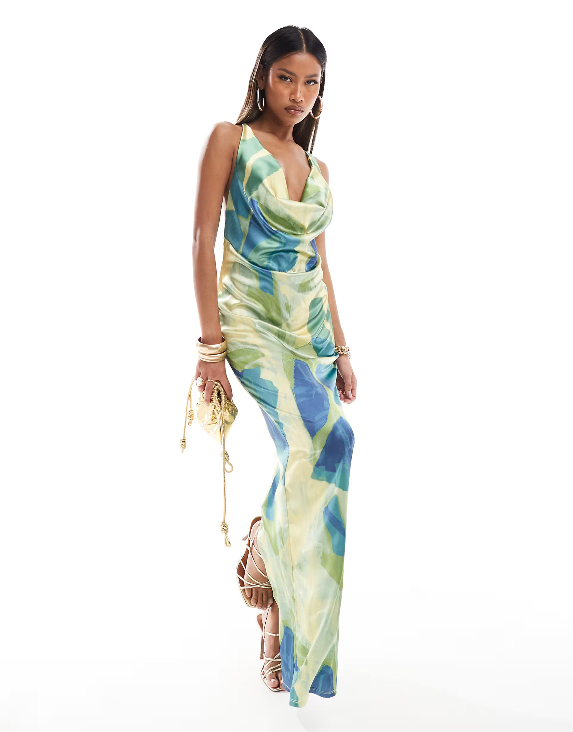 ASOS DESIGN stretch satin cowl neck maxi dress in green abstract print | ASOS (Global)