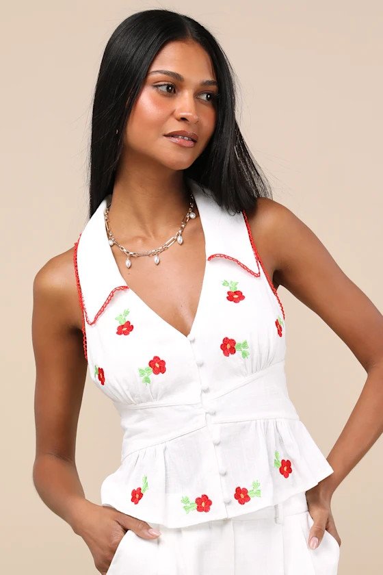 Ayah White Embroidered Collared Button-Front Top | Lulus