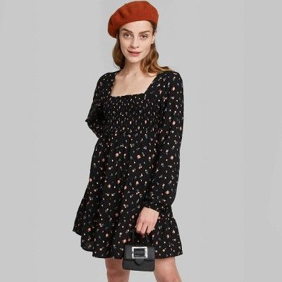 Women's Floral Print Long Sleeve Square Neck Smocked Top Babydoll Mini Dress - Wild Fable™ Blac... | Target