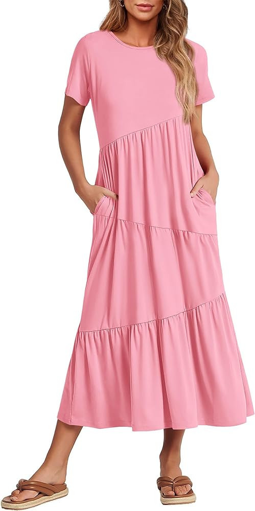 BTFBM Women Summer Casual Short Sleeve Dresses Crewneck Solid Color Maxi Dress Wedding Guest Dres... | Amazon (US)