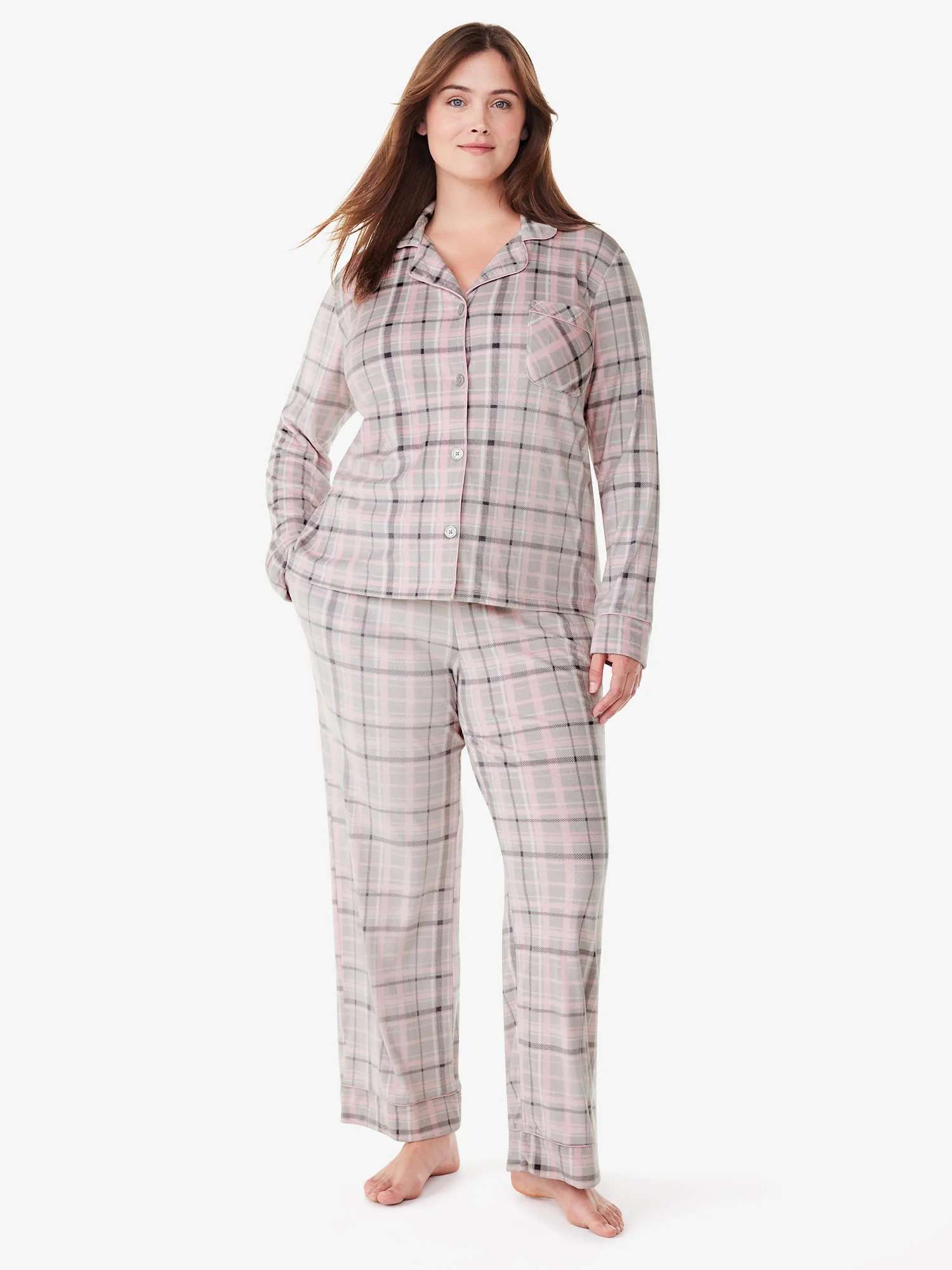 Joyspun Women’s Stretch Velour Notch Collar Top with Pants, 2-Piece Pajama Set, Sizes S to 3X | Walmart (US)