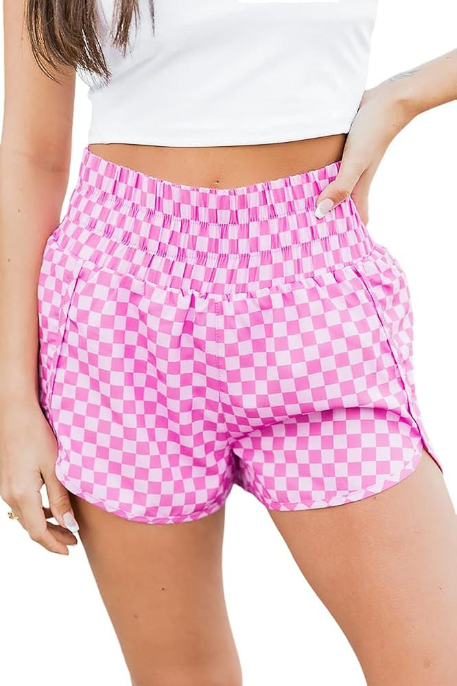 SELINK Shorts for Women Casual Pink Leopard High Waisted Athletic Shorts Shirred High Waist Daily | Amazon (US)