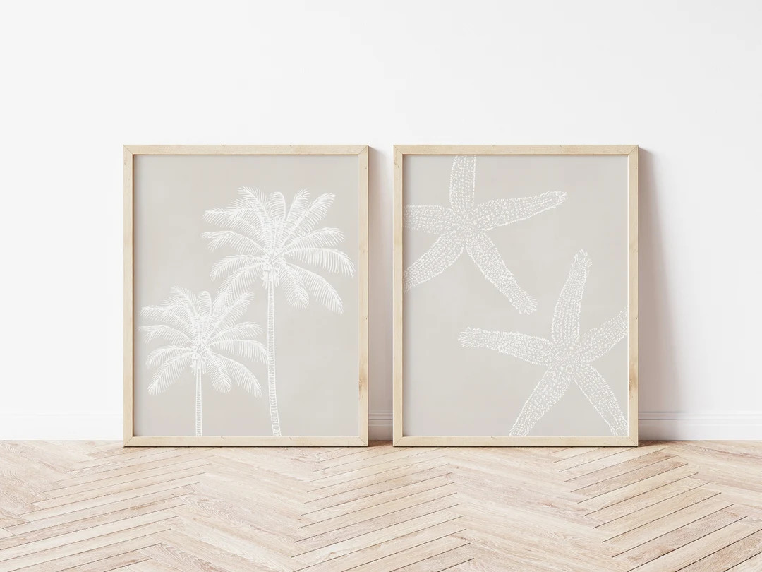 Coastal Printables Set of 2, Palm Tree Prints, Coastal Printables, Beach Wall Art, Starfish Print... | Etsy (US)