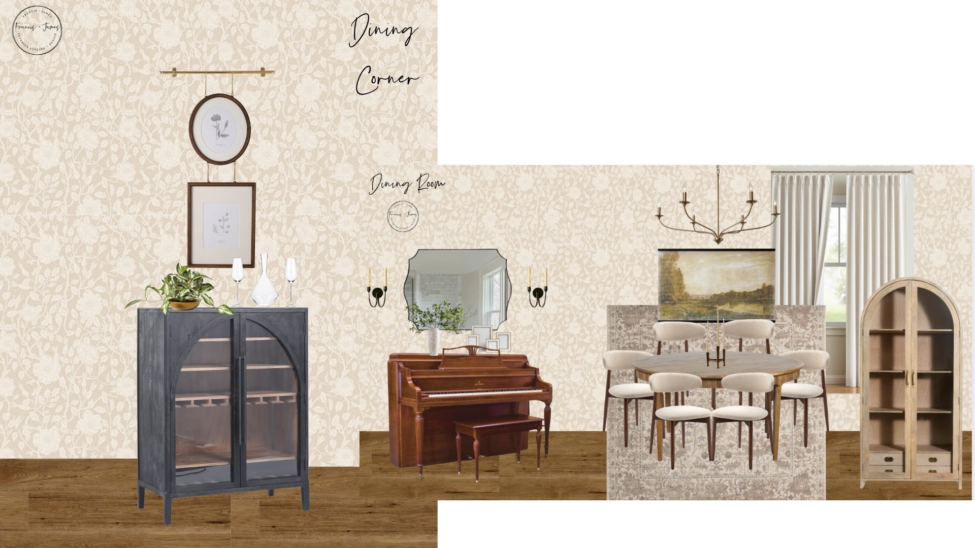 Dining room, dining room corner, piano corner, piano, bar corner, bar cabinet, bar cart, light fixture, dining room light fixture, sconces, oversized mirror, dining room art, landscape art, mural art, wallpaper neutral, round table, 60
Inch table, neutral art, bar cart, bar storage, neutral rugs 

#LTKFamily #LTKHome #LTKKids