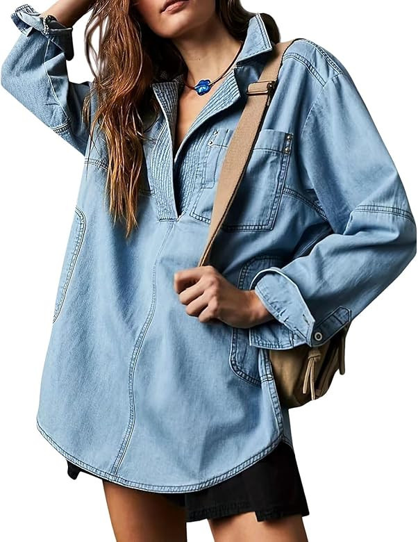 loveimgs Women Casual Long Sleeve Denim Pullover Top Jean Shirt Turndown V Neck Oversized Denim S... | Amazon (US)