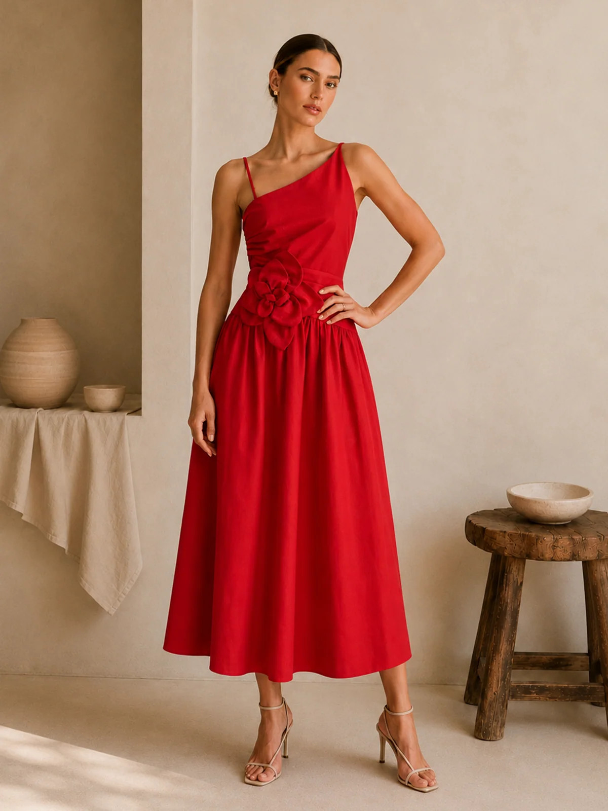 Floral Appliqu\u00e9 One-Shoulder Midi Dress | Commense