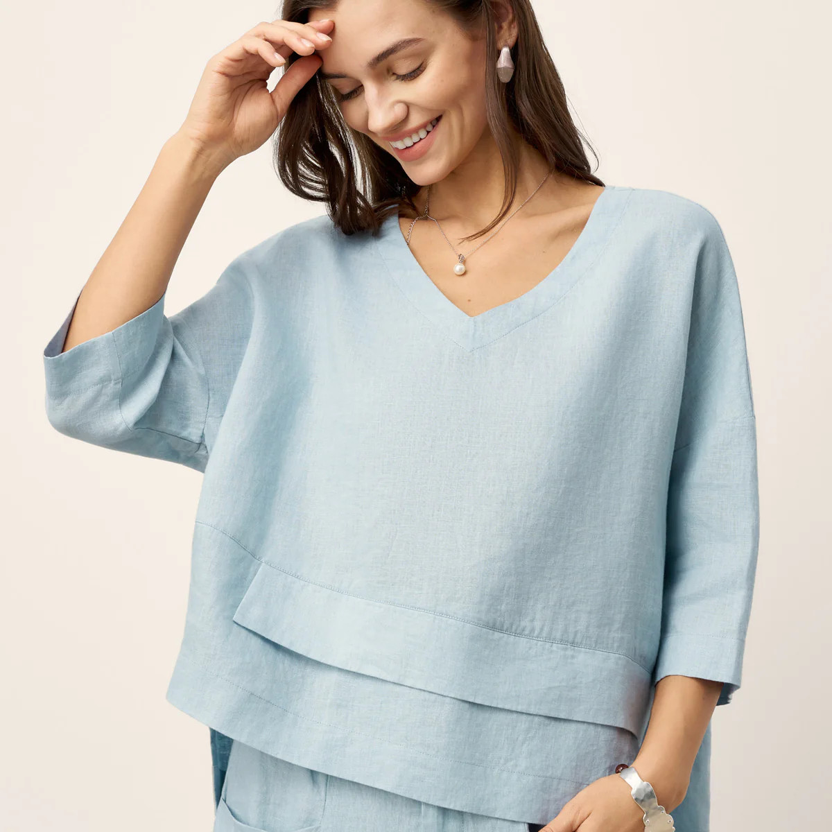 100% Linen Drop Shoulder Asymmetric Layered Hem Overtop VIOLA | LINTICO