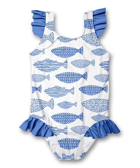 Millie Loves Lily White & Blue Fish Ruffle-Accent One-Piece - Infant, Toddler & Girls | Zulily