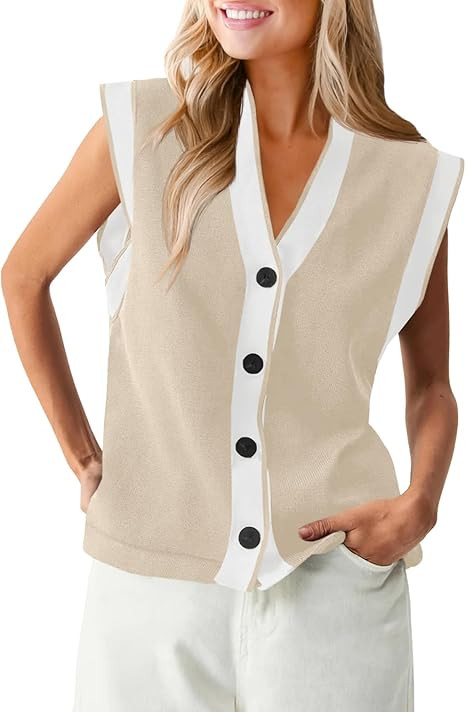 Saodimallsu Womens V Neck Sweater Vest Button Down Cap Sleeve Summer Trendy Color Block Loose Kni... | Amazon (US)