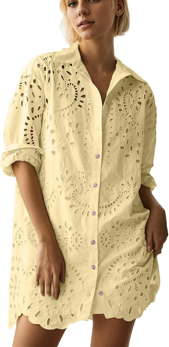 Women Hollow Out Eyelet Button Down Lapel V Neck Long Sleeve Ruffle Flowy Solid Oversized Loose M... | Amazon (US)