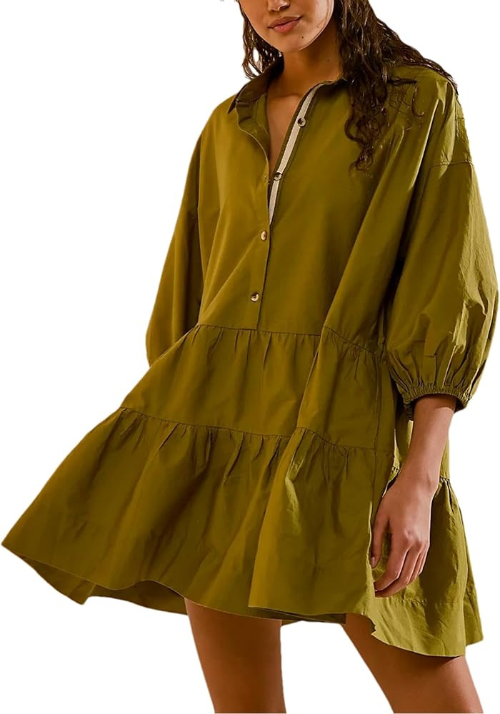 HangNiFang Women's Summer Babydoll Mini Dress Flowy Puff Sleeve Tiered Button Down Oversized Tuni... | Amazon (US)