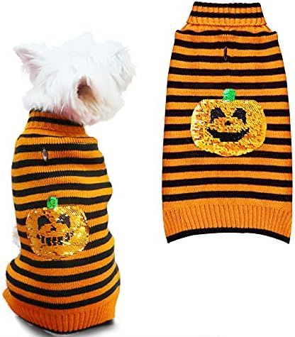 KYEESE Dog Sweaters Halloween with Leash Hole Pumpkin Dog Turtleneck Knitwear with Sequin Decors | Amazon (US)