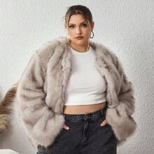 Plus Size Women's Solid Color Long Sleeve Casual Fluffy Jacket, For Winter | SHEIN
