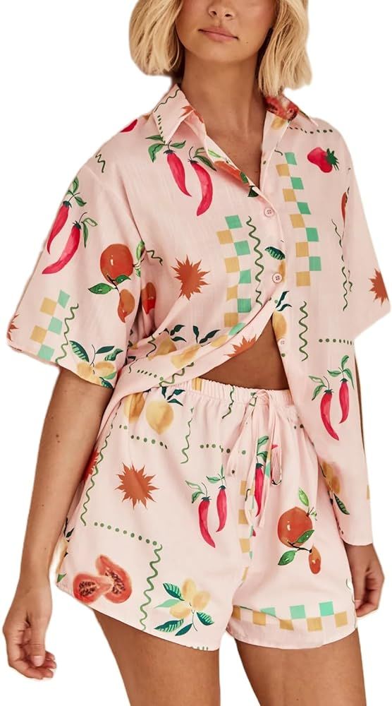 Women 2 Piece Floral Pajamas Shorts Set Y2K Short Sleeve Shirt Wide Leg Shorts Sleepwear Pj Match... | Amazon (US)