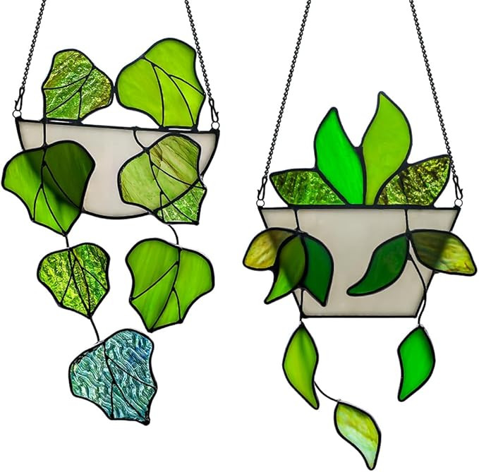 Green Plant Decor Stained Glass Window Hanging,Fake Plant Gifts for Women Suncatchers Indoor Wind... | Amazon (US)
