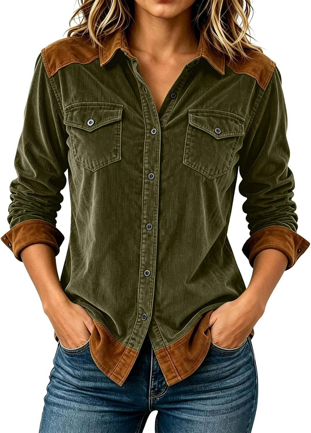 Lightweight Cardigans for Women Patchwork Collared Button Corduroy Shirts | Amazon (US)