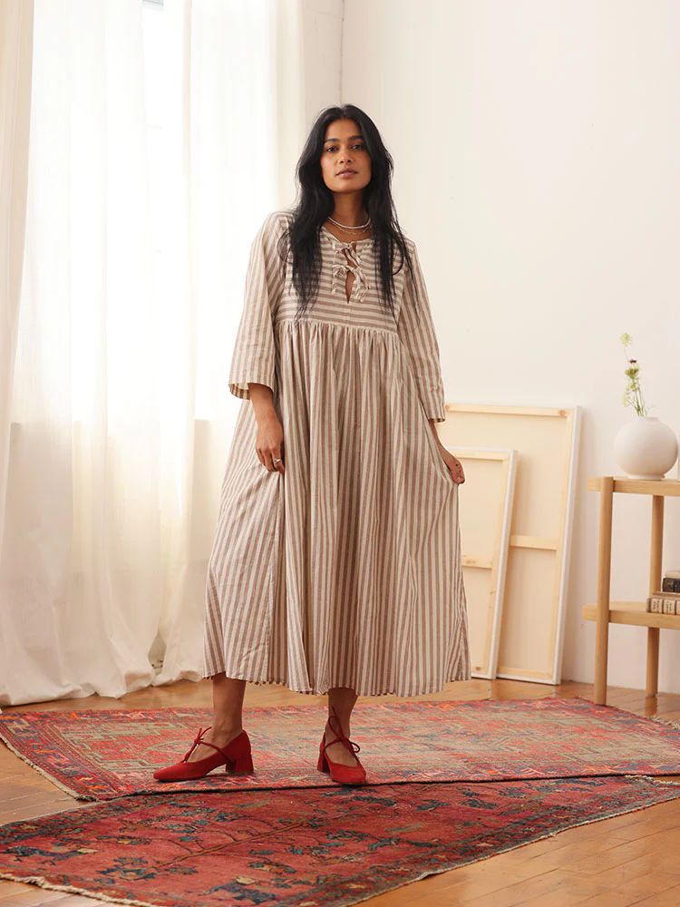 Birdie Bell Sleeve Dress Linen Mocha Stripe | Tradlands