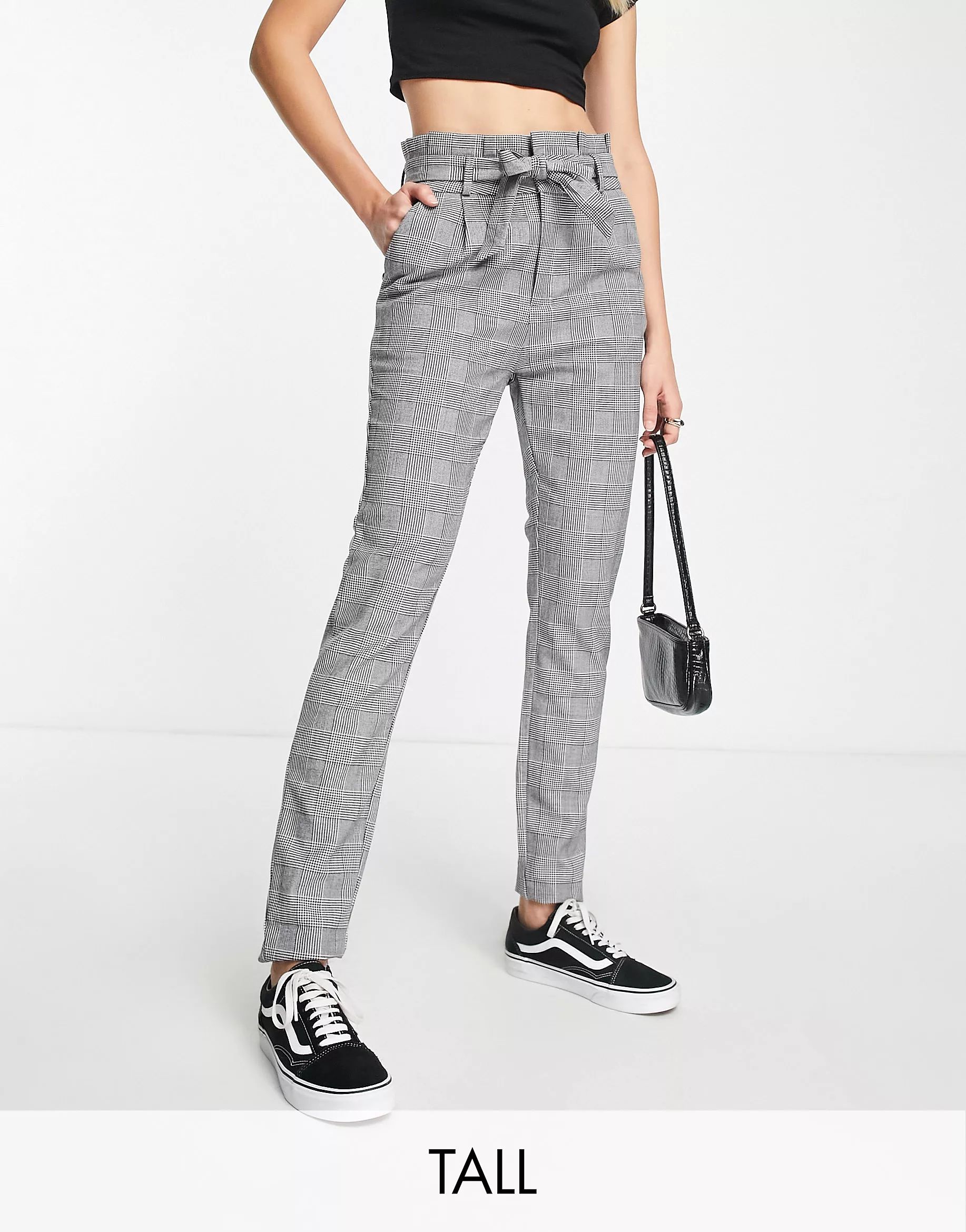 Vero Moda Tall tapered trousers with tie front in grey check | ASOS (Global)